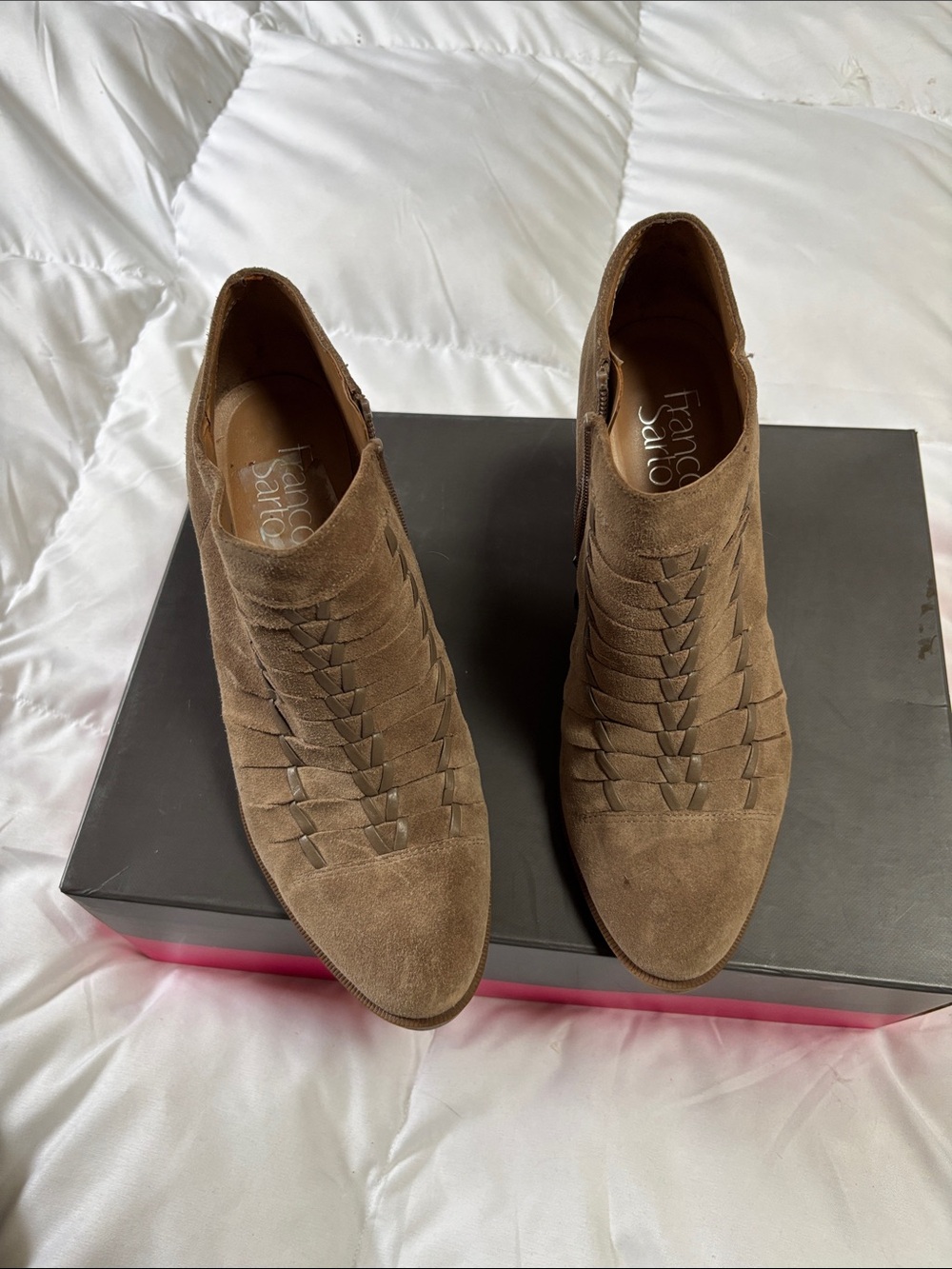 Franco Sarto women’s mushroom suede ankle boots with woven detail